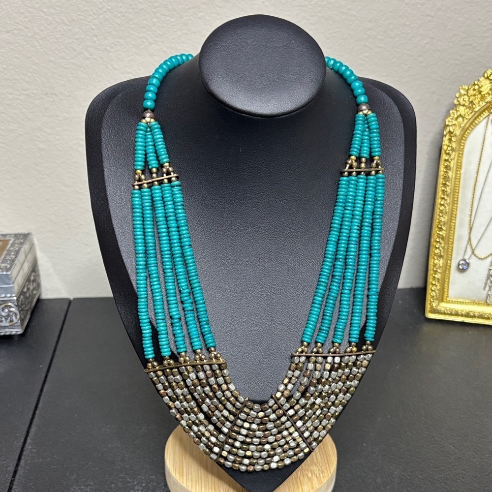 Turquoise Silver Beaded Layered Statement Southwestern Boho Necklace